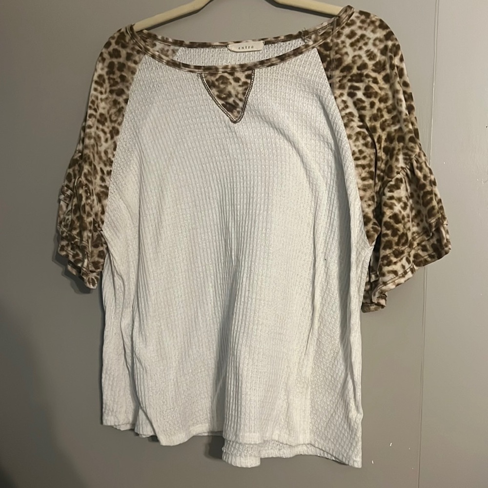 White and Leopard top with ruffle sleeves